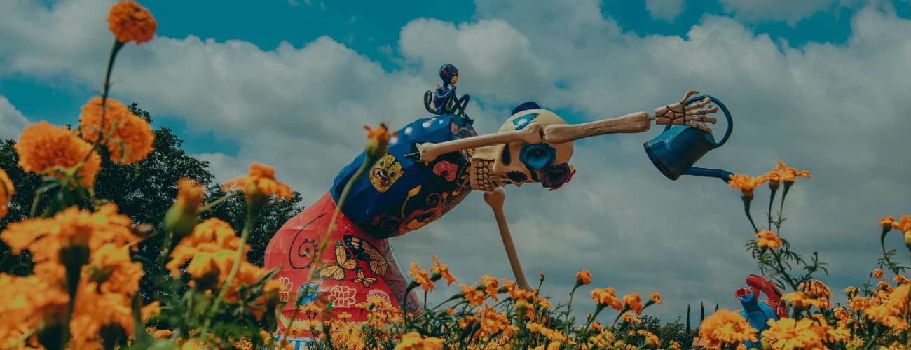 Day of the dead background, featuring a skull watering flowers